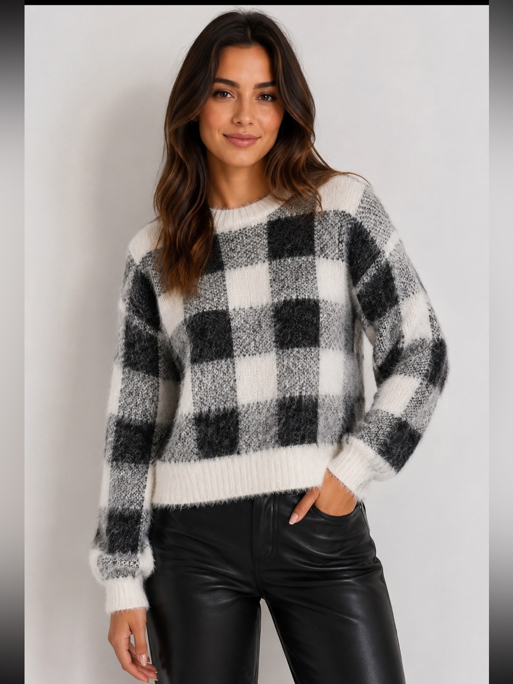Express Cotton Black White Plaid Fuzzy Knit Sweater Cropped Long Sleeve - Small